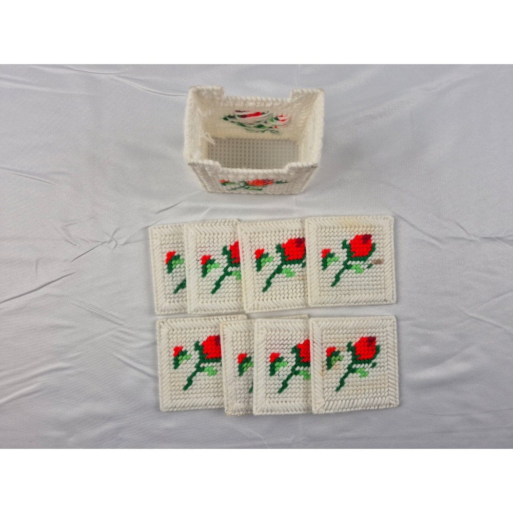 Vintage Handmade Plastic Canvas Coaster Set 8pc Red Rose Floral Cottagecore